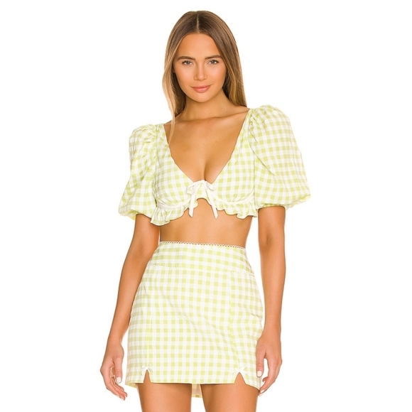 FOR LOVE & LEMONS Maureen Set Top And Skirt Green Gingham M Medium - Picture 1 of 15
